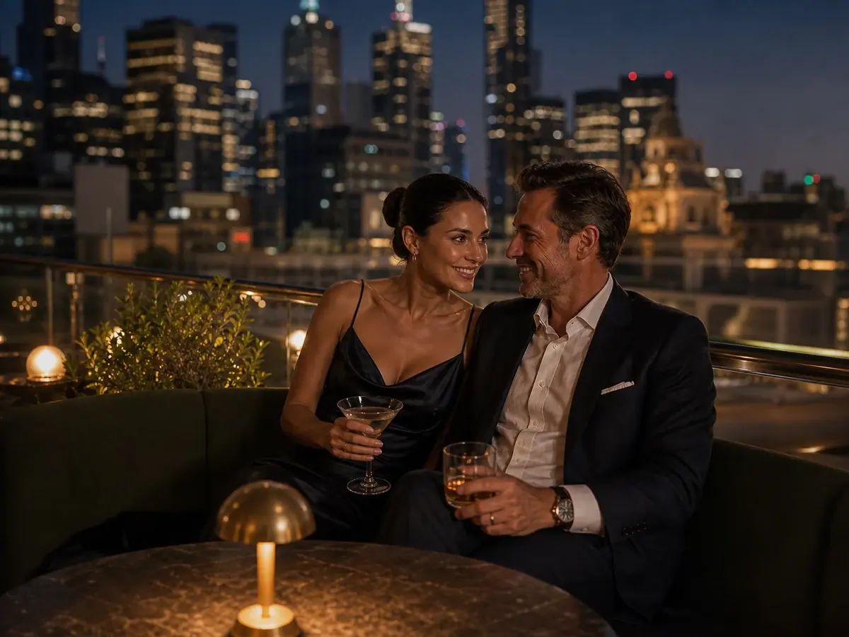 Elegant couple enjoying cocktails at a Melbourne rooftop bar
