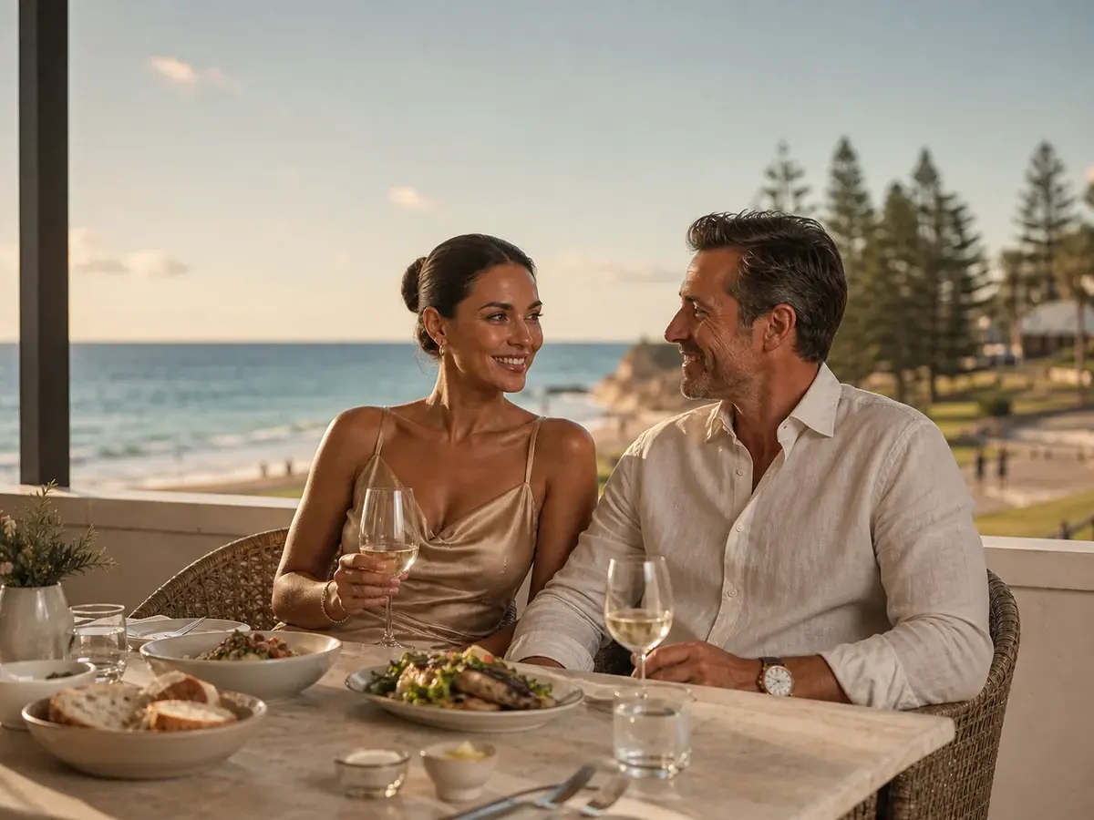 Adult couple meeting at a public coastal restaurant