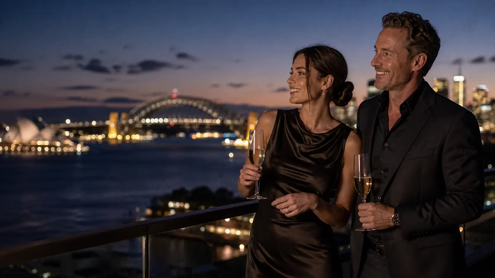 Rooftop cocktails above the city at dusk
